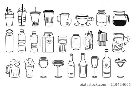 Doodle beverages. Hand drawn drinks, coffee cup, tea mug, smoothies to go, cocktails, wine glasses and bottles. Sodas, milk, cocktails and craft beers vector illustration set 119424665