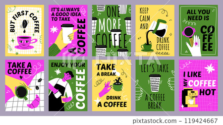Doodle coffee posters. Coffee house, shop or cafe branding stickers with slogans for coffee break. Creative hand drawn caffeine drink vector illustrations set 119424667