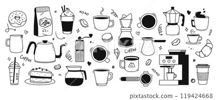 Coffee doodle. Cozy cafe coffee cups and beans, hand drawn desserts and espresso brewing tools. Cappuccino, latte to go, filter and Americano mug. Coffee shop branding vector illustrations set 119424668