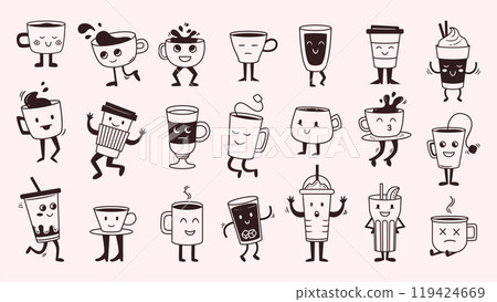 Doodle cup mascots. Cute tea and coffee mug characters for coffee shop drinks menu branding. Funny espresso, cappuccino and latte cups with faces. Playful beverage hand drawn vector illustration set 119424669