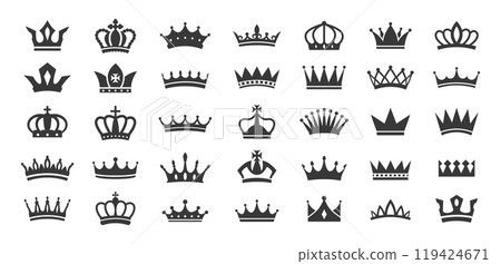 Royal crowns silhouette icons. Queen tiara and King crown, majestic corona authority and premium pictograms. Royalty and luxury stencil vector symbols set 119424671