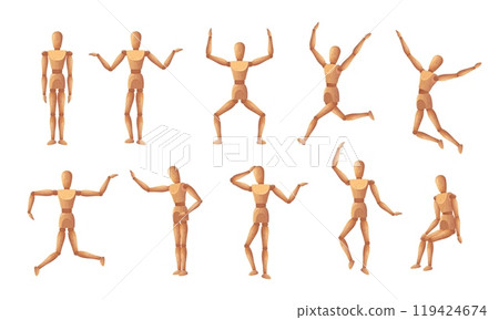 Wooden mannequin. Reference dummy body positions, wood human model statue toy with joint. Art mannequins in various dynamic poses cartoon isolated vector illustration set 119424674