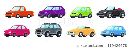 Cartoon cars. Pickup truck, mini car, convertible coupe, sedan, SUV and off road hatchback vehicles. Playful automotive isolated vector illustrations set 119424678