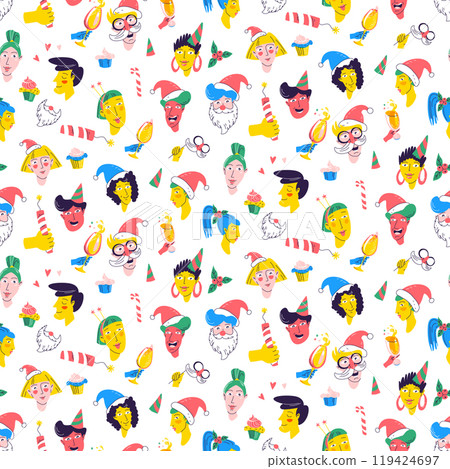 Christmas Party Time unique Characters. Seamless pattern background. Diverse collection of festive faces. 119424697