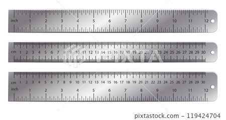 Metal ruler. Dual measurements rulers with precise metric and imperial scales. 12 inches, 30 centimeters and mixed markup scale measurement tool. Realistic metallic meter instrument vector set 119424704