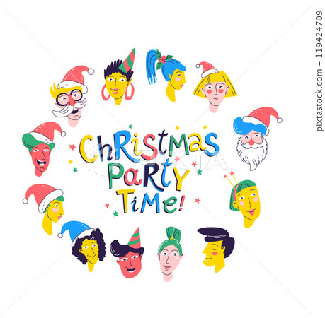 Christmas Party Time unique Characters. Diverse collection of festive faces. Christmas Party Time unique Characters. Diverse collection of festive faces. 119424709