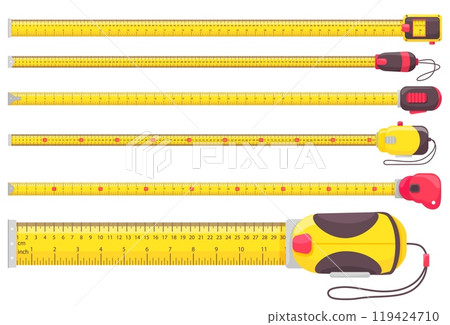 Carpenter measuring tape ruler. Yellow tape measures with metric and imperial measurements, inches and centimeters scales. Length isolated vector illustrations set 119424710