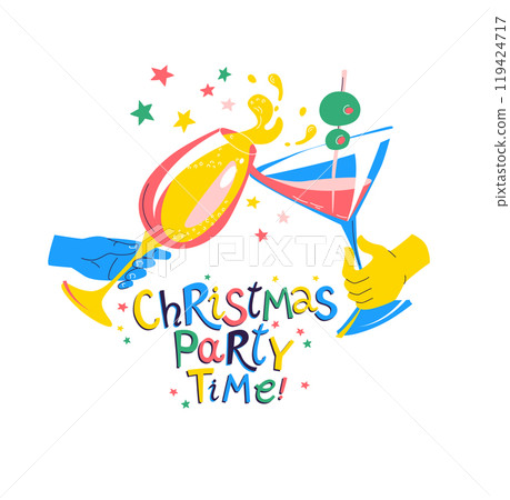 Merry Christmas and New Year Eve Cheers, colorful festive vector illustration of clinking glasses and a joyful toast Merry Christmas and New Year Eve Cheers, colorful festive vector illustration of clinking glasses and a joyful toast 119424717