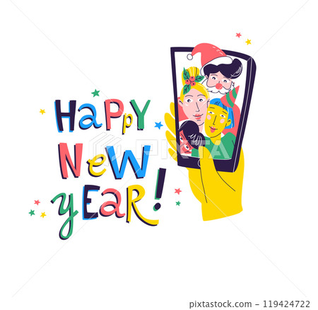 Friends gather for a holiday selfie, capturing festive joy on a smartphone. Friends gather for a holiday selfie, capturing festive joy on a smartphone. 119424722