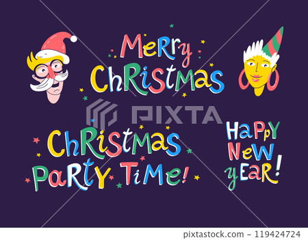 Festive Holiday Messages Bright, colorful set of cheerful Christmas and New Year greetings Festive Holiday Messages Bright, colorful set of cheerful Christmas and New Year greetings 119424724