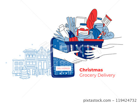 Festive vector illustration Christmas grocery delivery via smartphone app 119424732