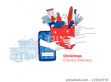 Festive vector illustration Christmas grocery delivery via smartphone app 119424734