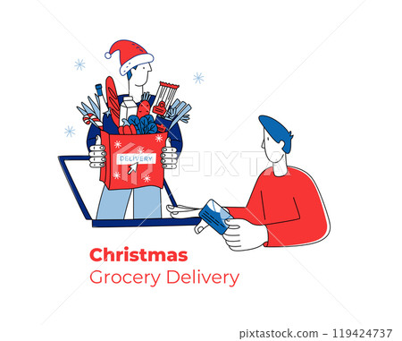 Festive vector illustration Christmas grocery delivery via laptop. 119424737