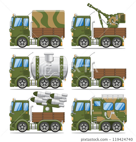 Set of military trucks. Side view. Isolated on white background. Vector illustration. Set of military trucks. Side view. Isolated on white background. Vector illustration. 119424740