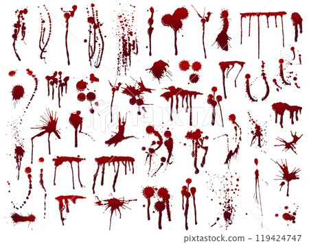 Realistic horror blood splatter. Drip patterns, red ink blot textures, grunge stains and drops for horror, crime scene, and halloween design. Spooky vector set 119424747