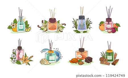 Reed sticks diffuser perfume types. Aroma glass bottles with citrus, oriental spices, fresh grass, fruits and gourmand fragrances notes. Flowers, aquatic and woody perfumes vector illustration set 119424749