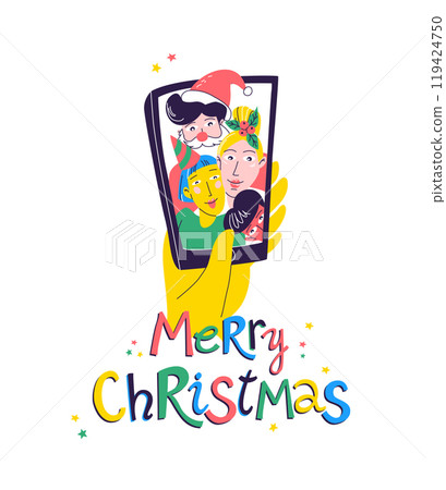 Friends gather for a holiday selfie, capturing festive joy on a smartphone. Friends gather for a holiday selfie, capturing festive joy on a smartphone. 119424750
