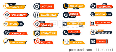 Contact us buttons. Customer service label, call us now and 24 7 support hotline with telephone handset and phone icons. Call to action badges vector set 119424751