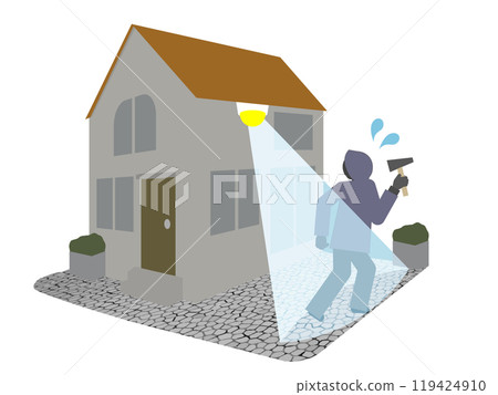 Illustration of a burglar panicking when illuminated by a security sensor light Illustration of a burglar panicking when illuminated by a security sensor light 119424910