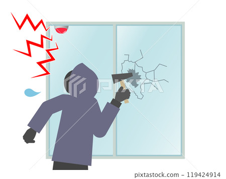 Illustration of a burglar who is surprised and panicked by the sound of an alarm Illustration of a burglar who is surprised and panicked by the sound of an alarm 119424914