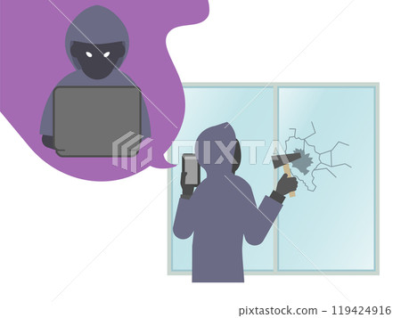Illustration of a burglar receiving commands from a smartphone and breaking a window with a hammer Illustration of a burglar receiving commands from a smartphone and breaking a window with a hammer 119424916