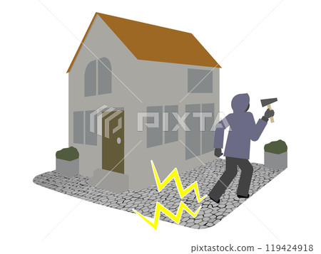 Illustration of a thief stepping on loud security gravel Illustration of a thief stepping on loud security gravel 119424918