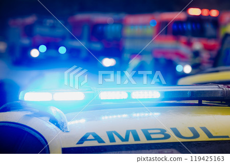 Flasher on roof of ambulance car of emergency medical service Flasher on roof of ambulance car of emergency medical service 119425163