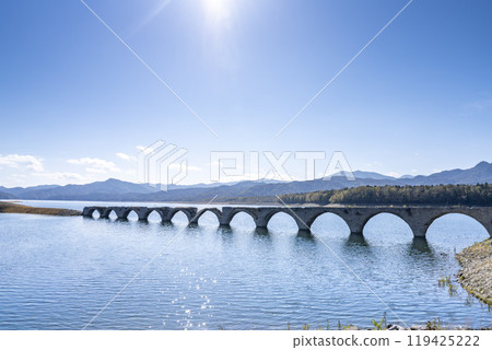 Taushubetsu River Bridge on the former Shihoro Line of the Japanese National Railways on a clear autumn day in Kamishihoro, Hokkaido 119425222