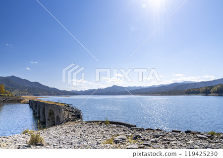 Taushubetsu River Bridge on the former Shihoro Line of the Japanese National Railways on a clear autumn day in Kamishihoro, Hokkaido 119425230