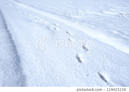 Snow-covered farm road and footprints 119425238