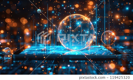 A tablet on a classroom desk displays hologram with planets and cosmos. High quality illustration 119425320