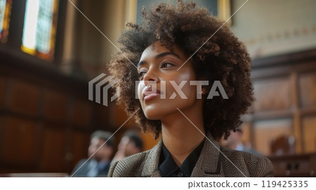 Female politician delivering a powerful political speech. High quality illustration 119425335