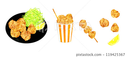 A set of various ways to eat fried chicken. A collection of hand-drawn watercolor illustrations of dishes and food. 119425367