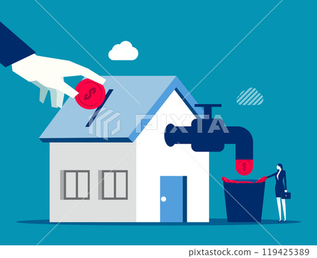 Property or real estate investment, buy a house for rental profit, ROI, return on investment or mortgage, house ownership or investing opportunity concept, businessman hand put coin with money return. 119425389