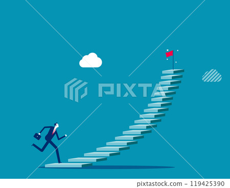Stair to success, career path or step to achieve business target, ladder of success, improvement or challenge to reach goal, growth or ambition concept, businessman running up stair to reach goal. 119425390