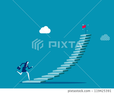 Stair to success, career path or step to achieve business target, ladder of success, improvement or challenge to reach goal, growth or ambition concept, businessman running up stair to reach goal. Stair to success, career path or step to achieve business target, ladder of success, improvement or challenge to reach goal, growth or ambition concept, businessman running up stair to reach goal. 119425391