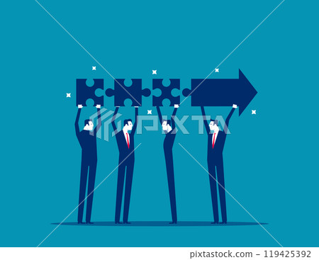 Team collaboration for success, teamwork or cooperation, employee participation or organization, partnership work together, career growth concept, business people employee connect arrow jigsaw puzzle. 119425392