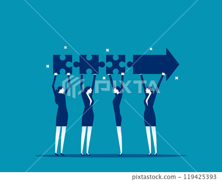 Team collaboration for success, teamwork or cooperation, employee participation or organization, partnership work together, career growth concept, business people employee connect arrow jigsaw puzzle. 119425393