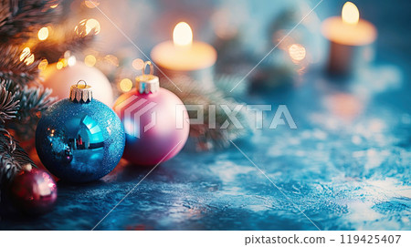 Christmas blue and pink balls on the blue background for a Christmas greeting card or for Christmas greetings, copy space 119425407
