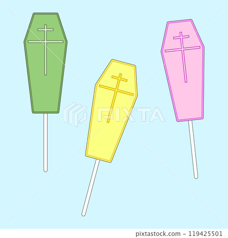 Vector illustration of Halloween coffin-shaped lollipops in pastel colors. Fun and spooky candy design for Halloween celebrations. 119425501