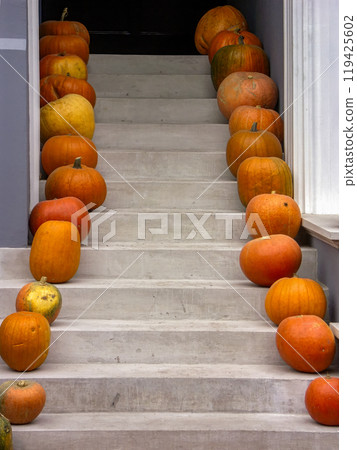 Pumpkins Adorning The Steps of a House in Autumn Pumpkins Adorning The Steps of a House in Autumn 119425602