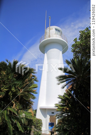 Kochi Prefecture, Cape Ashizuri Lighthouse stands against the blue sky 119426082