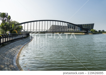 Building view of the Jhihmei Bridge at the Southern Branch of the National Palace Museum in Chiayi, Taiwan.  119426095