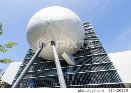 Building view of the Taipei Performing Arts Center in Taiwan. it's a modern building combining cube and sphere geometry. 119426119