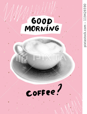 Coffee collage poster design, cappuccino cup halftone effect at pastel pink background. Cafe poster, trendy cutout style 119426590
