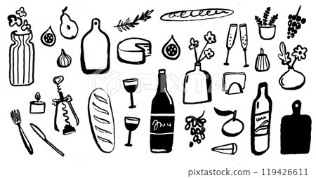 Food and kitchen doodle set, wine, glasses, drawings of fruits and bread. Cafe illustrations collection, drawn by hand 119426611