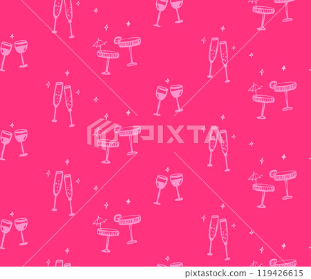 Pink festive drink glasses pattern, seamless vector background for party decorations, cocktail menu, bar vector texture 119426615