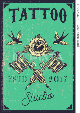 Tattoo studio emblem template. Crossed tattoo machine, roses, swallows. Design element for logo, label, sign, poster, t shirt. Vector illustration Tattoo studio emblem template. Crossed tattoo machine, roses, swallows. Design element for logo, label, sign, poster, t shirt. Vector illustration 119426804
