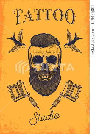 Tattoo studio emblem template. Crossed tattoo machine, skull, roses. Design element for logo, label, sign, poster, t shirt. Vector illustration 119426805