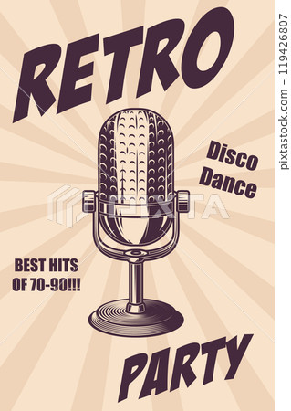 Retro party. Poster template with retro style microphone. Design element for banner, sign, flyer. Vector illustration Retro party. Poster template with retro style microphone. Design element for banner, sign, flyer. Vector illustration 119426807